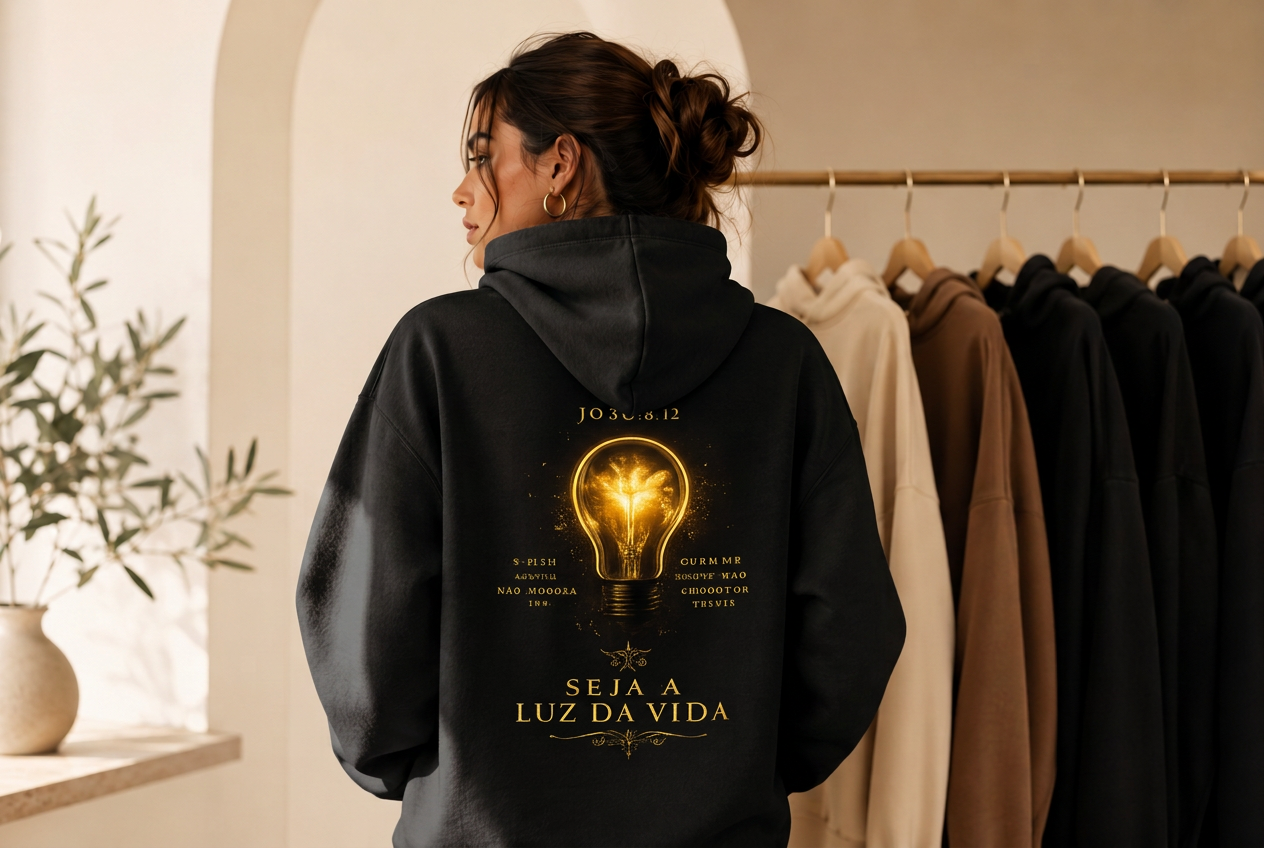 Modelo vestindo moletom preto com estampa dourada Seja a luz da vida